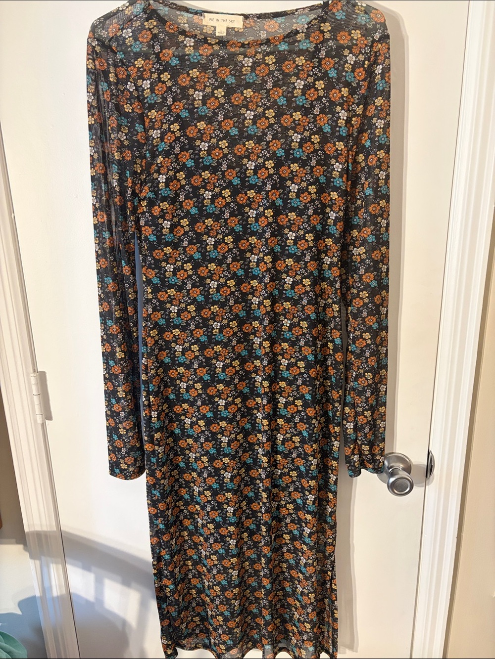 Long Sleeve Black Floral Maxi Dress with Blue & Brown Flowers